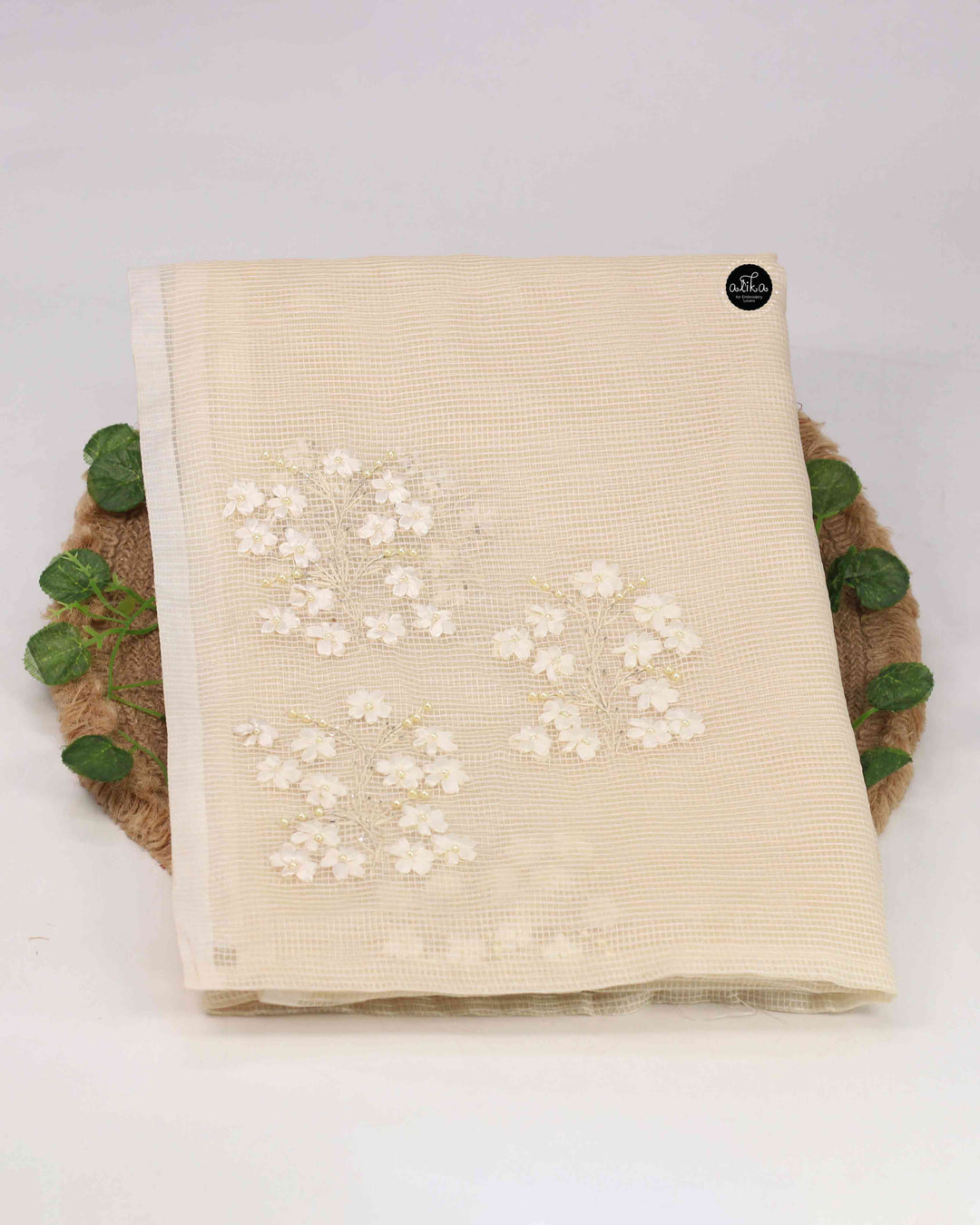 CREAM KOTA SAREE WITH FLORAL RIBBON WORK