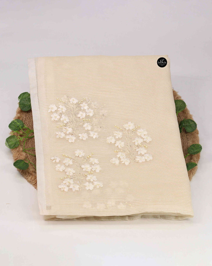 CREAM KOTA SAREE WITH FLORAL RIBBON WORK
