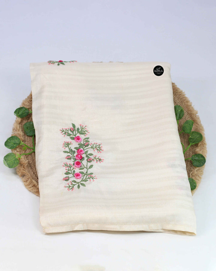 Cream Designer Silk Saree with Floral Hand Embroidery