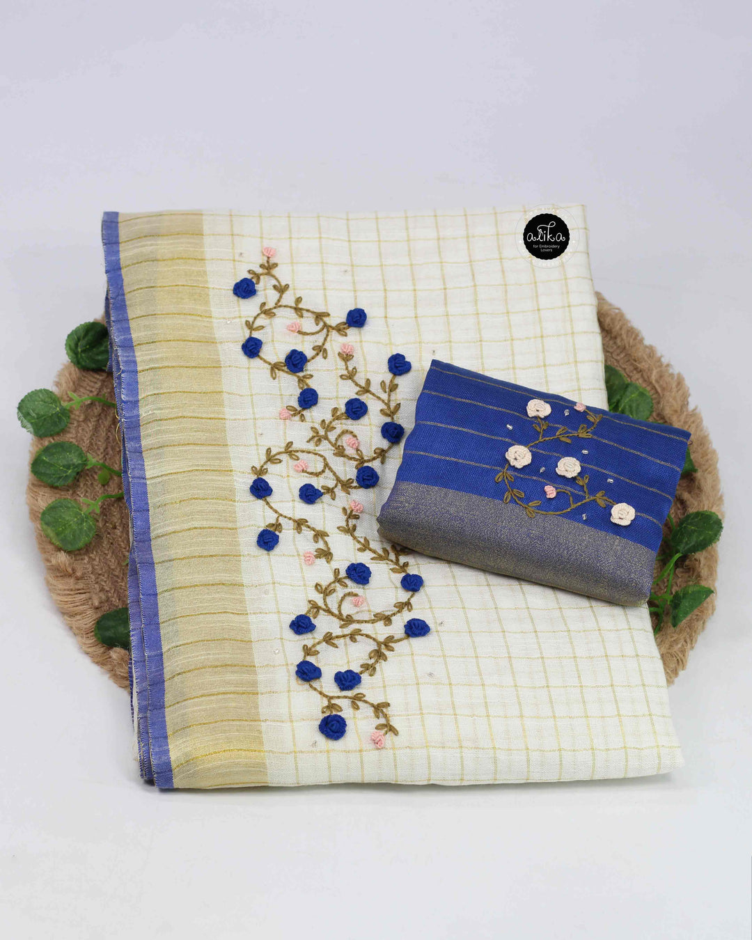 Cream Pure Linen Saree with Royal Blue Hand Embroidery