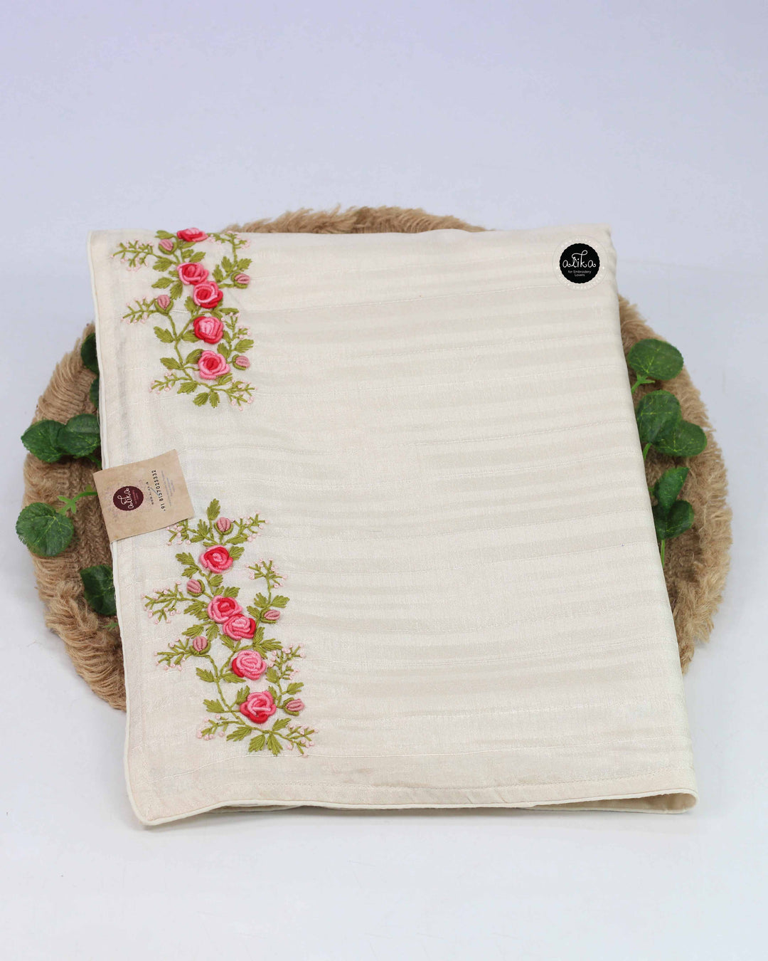 Cream Designer Silk Saree with Floral Hand Embroidery
