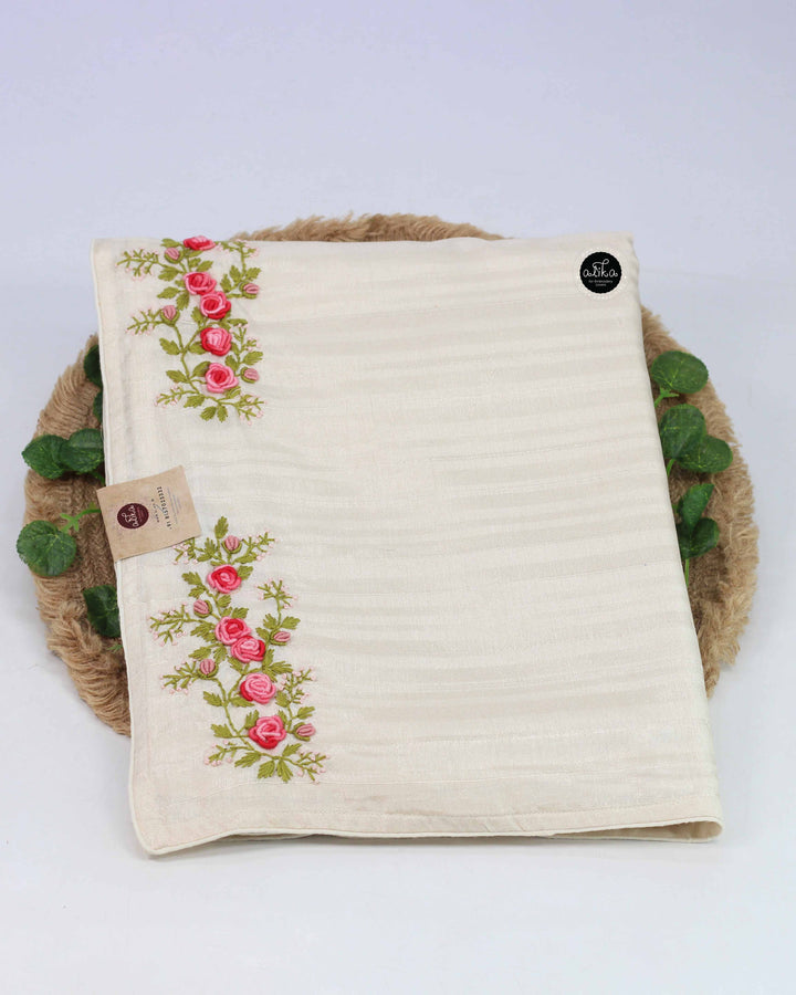 Cream Designer Silk Saree with Floral Hand Embroidery