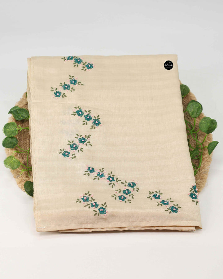 Light Beige Semi Silk Saree with Floral Hand Embroidery