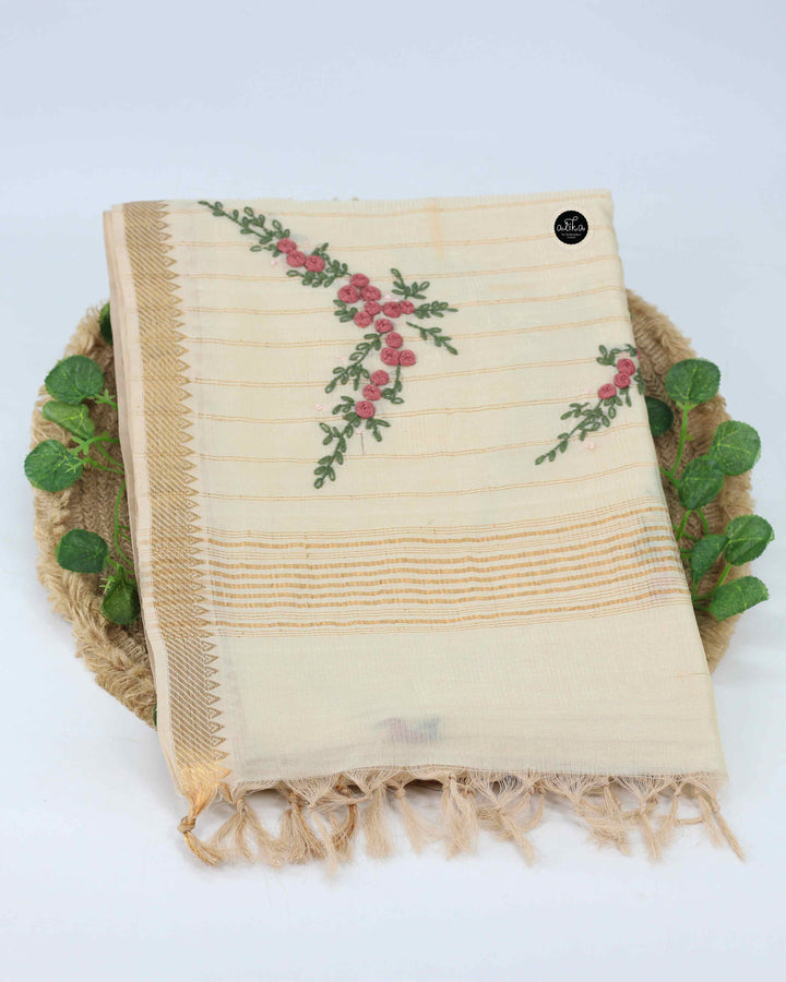 Pure Mangalagiri Silk Saree with Floral Hand Embroidery