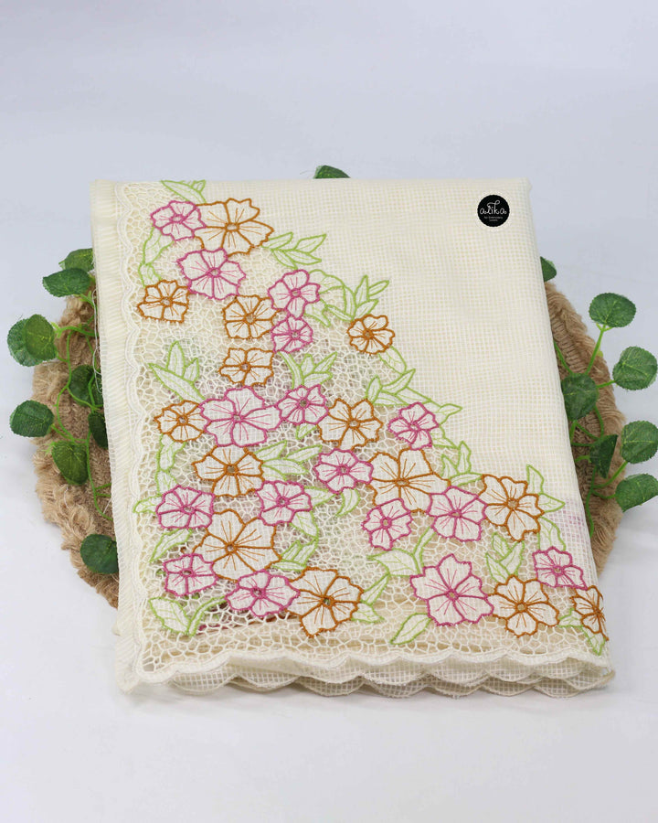 Cream Bhagalpuri Silk Saree with Floral Multicolour Twine Cutwork
