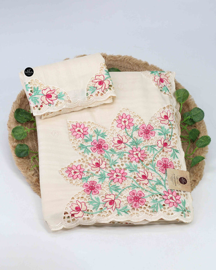Light Beige Semi Silk Saree with Floral Cutwork Embroidery