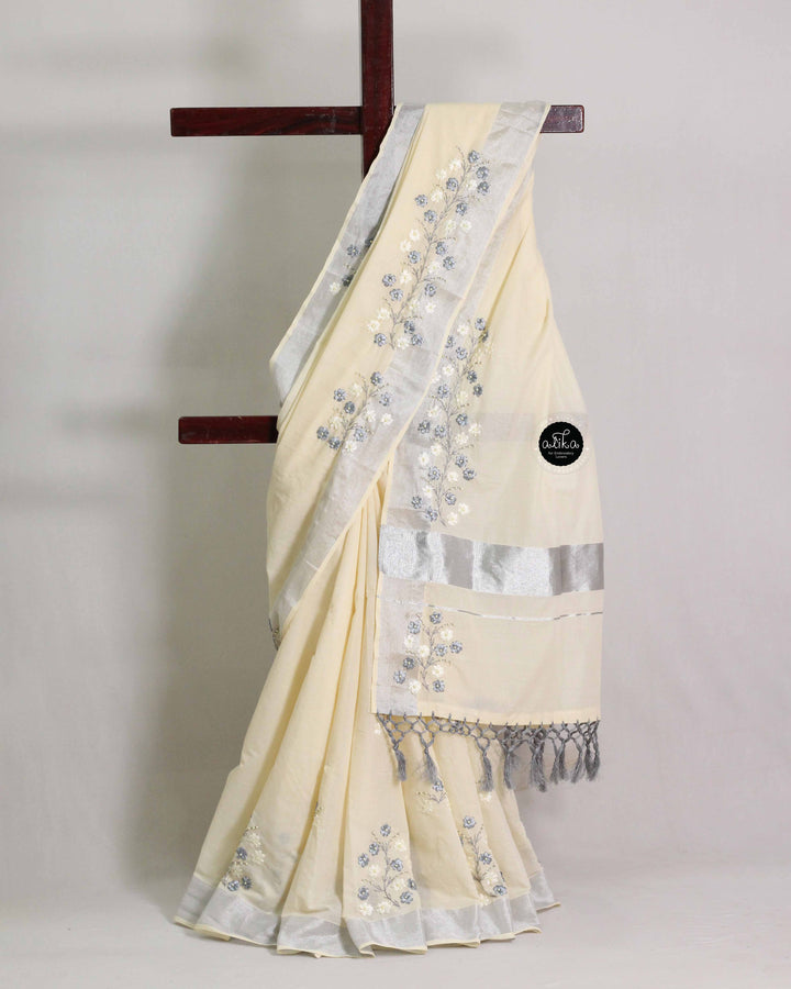 Cream and Silver Kasavu Saree with Ribbon Embroidery &amp; Bead Work