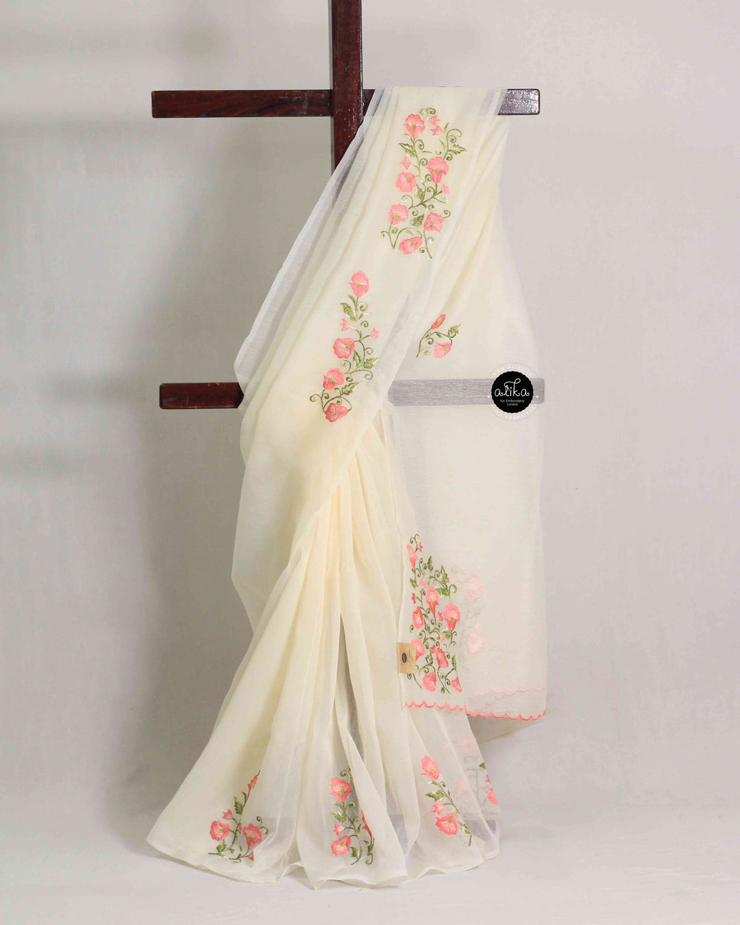 Light Beige Kota Saree with Floral Machine Embroidery