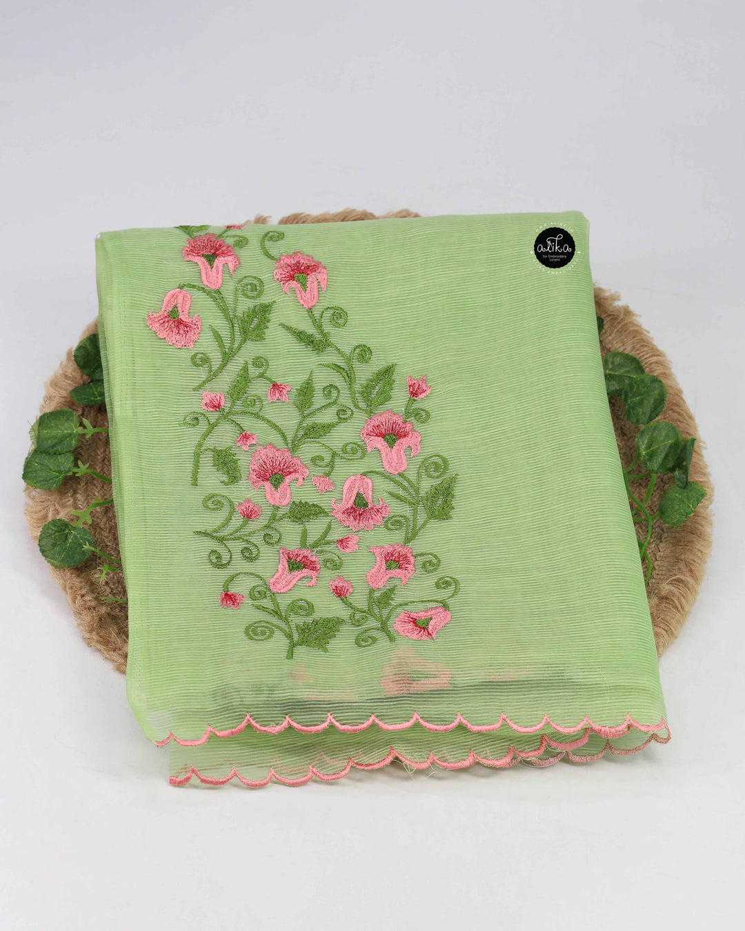 Pista Green Kota Saree with Floral Machine Embroidery