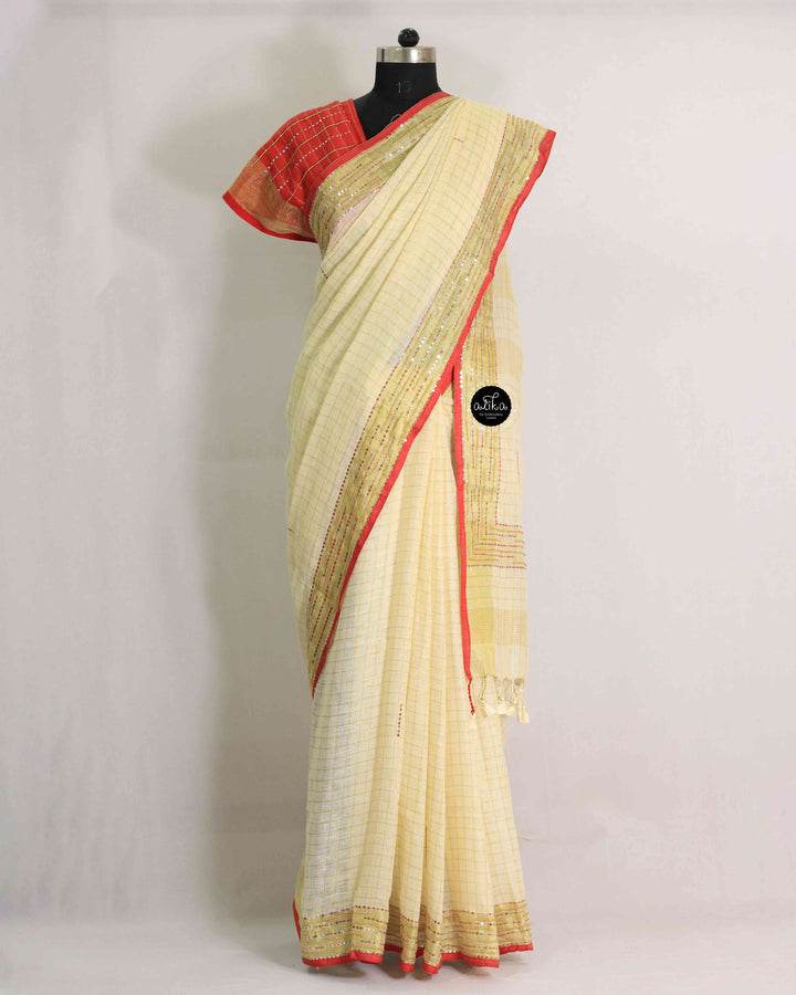 Cream Pure Linen Saree with Bead &amp; Sequin Work