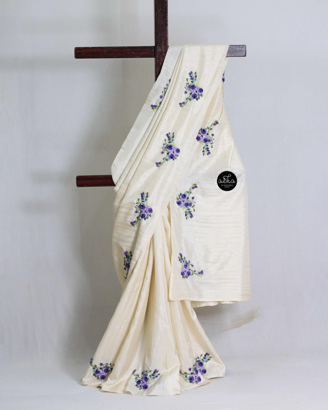Cream Semi Silk Saree with Floral Hand Embroidery