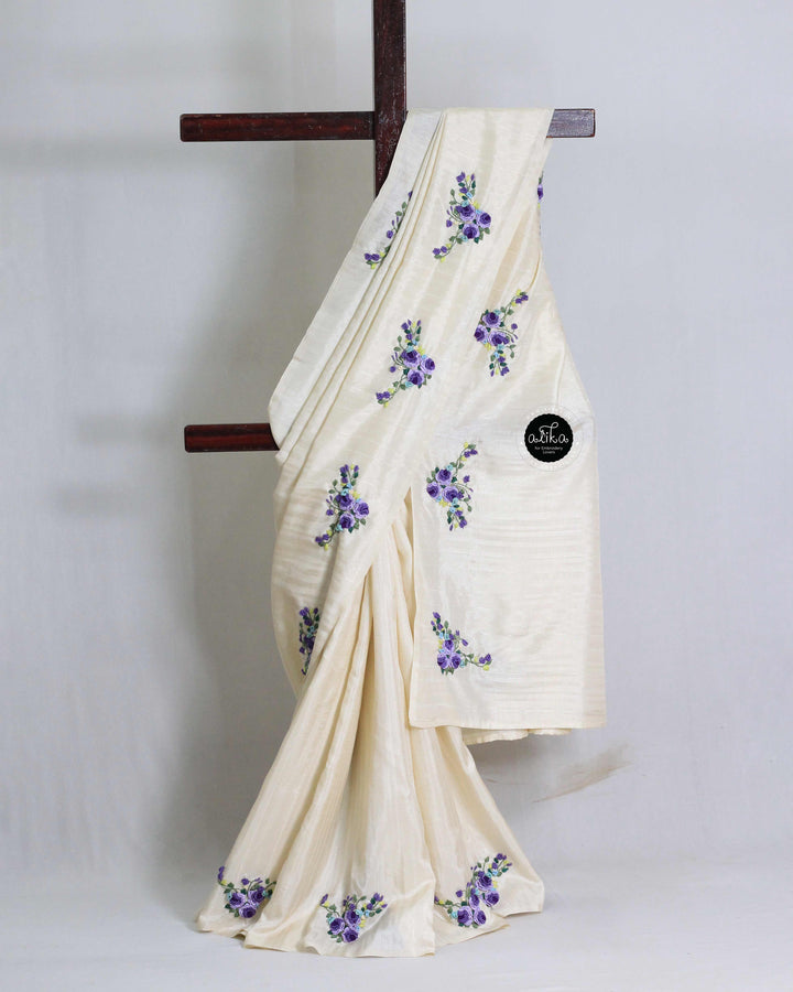 Cream Semi Silk Saree with Floral Hand Embroidery
