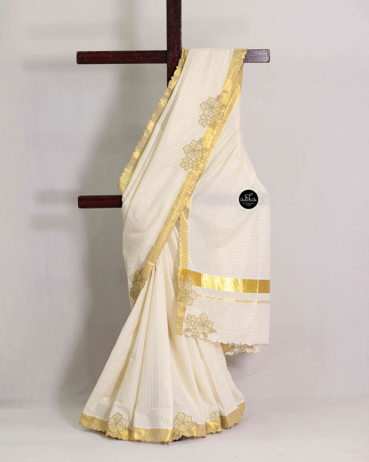 Kerala Kasavu Saree with Floral Appliqué Work