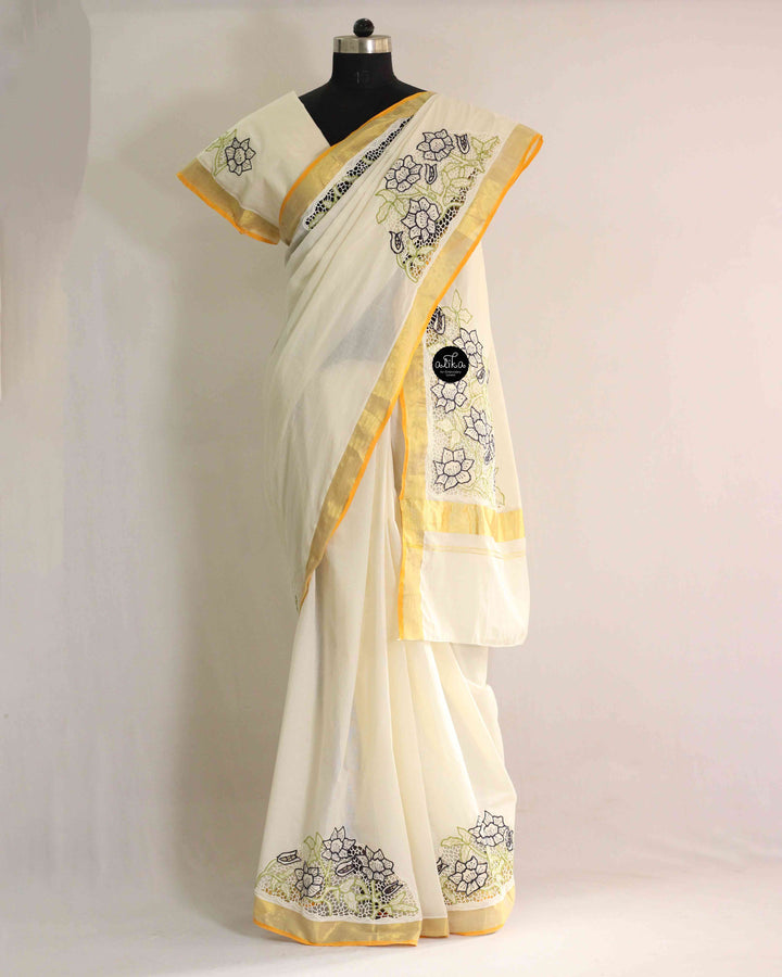 Cream Kerala Kasavu Saree with Floral Twine Cutwork