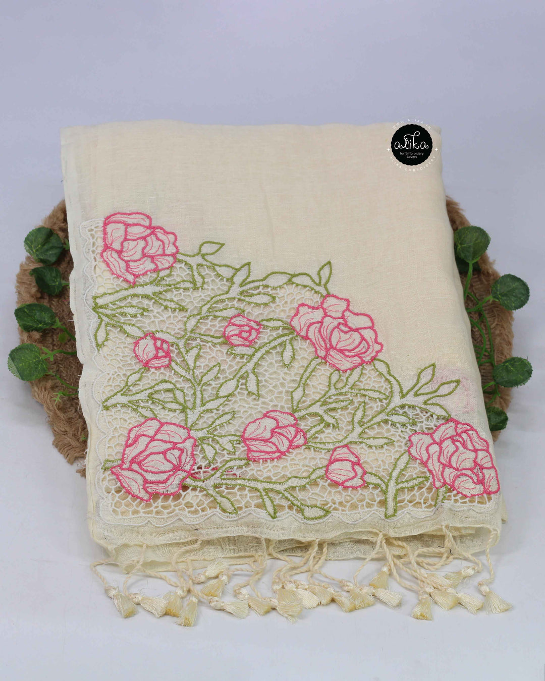 Off White Pure Linen Saree with Floral Twine Cutwork