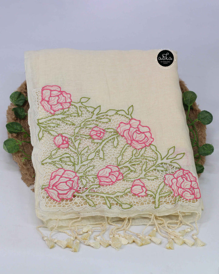 Off White Pure Linen Saree with Floral Twine Cutwork