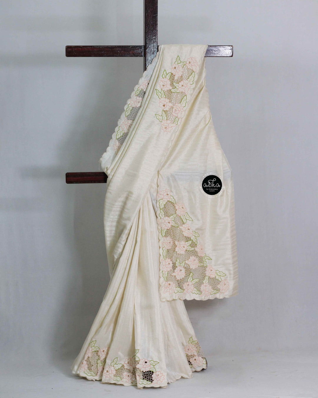Cream Designer Silk Saree with Floral Twine Cutwork