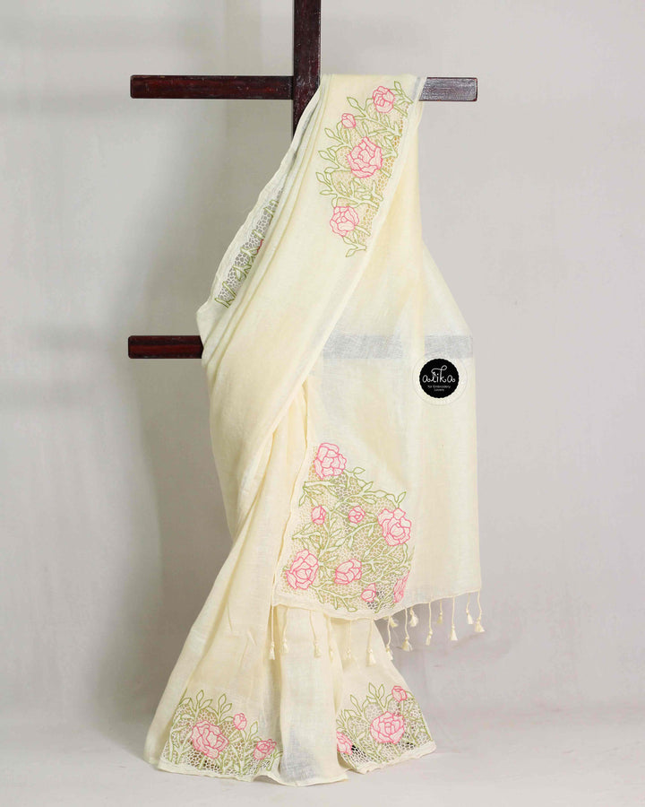Off White Pure Linen Saree with Floral Twine Cutwork