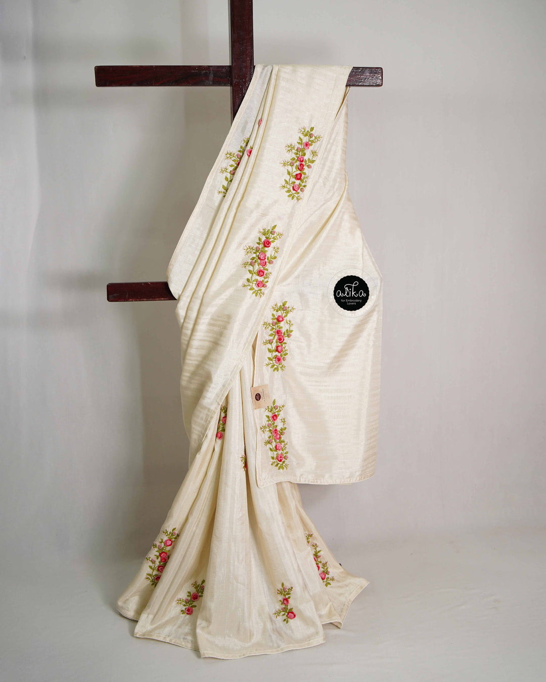 Cream Designer Silk Saree with Floral Hand Embroidery