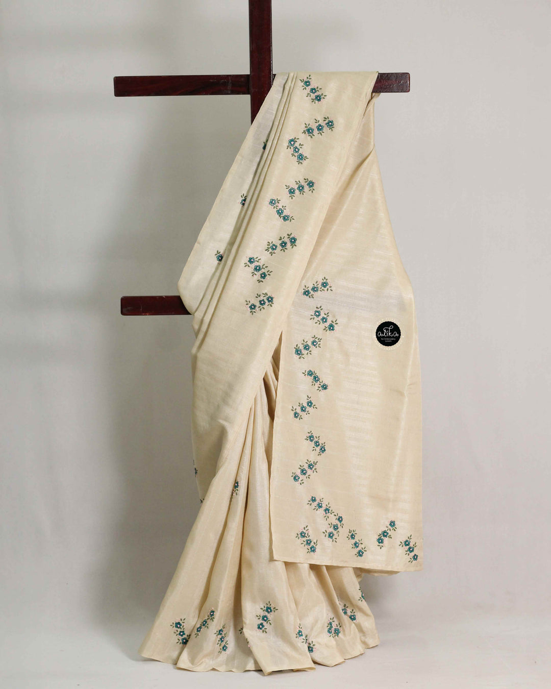 Light Beige Semi Silk Saree with Floral Hand Embroidery