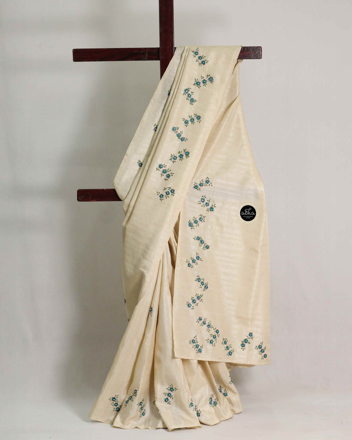 Light Beige Semi Silk Saree with Floral Hand Embroidery