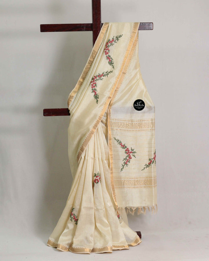 Pure Mangalagiri Silk Saree with Floral Hand Embroidery
