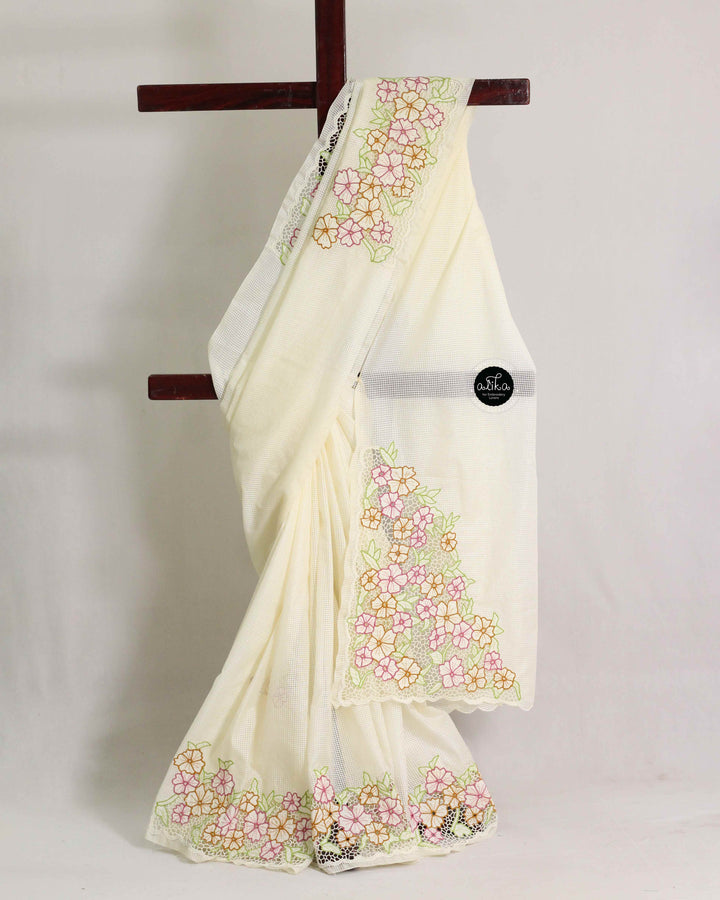 Cream Bhagalpuri Silk Saree with Floral Multicolour Twine Cutwork