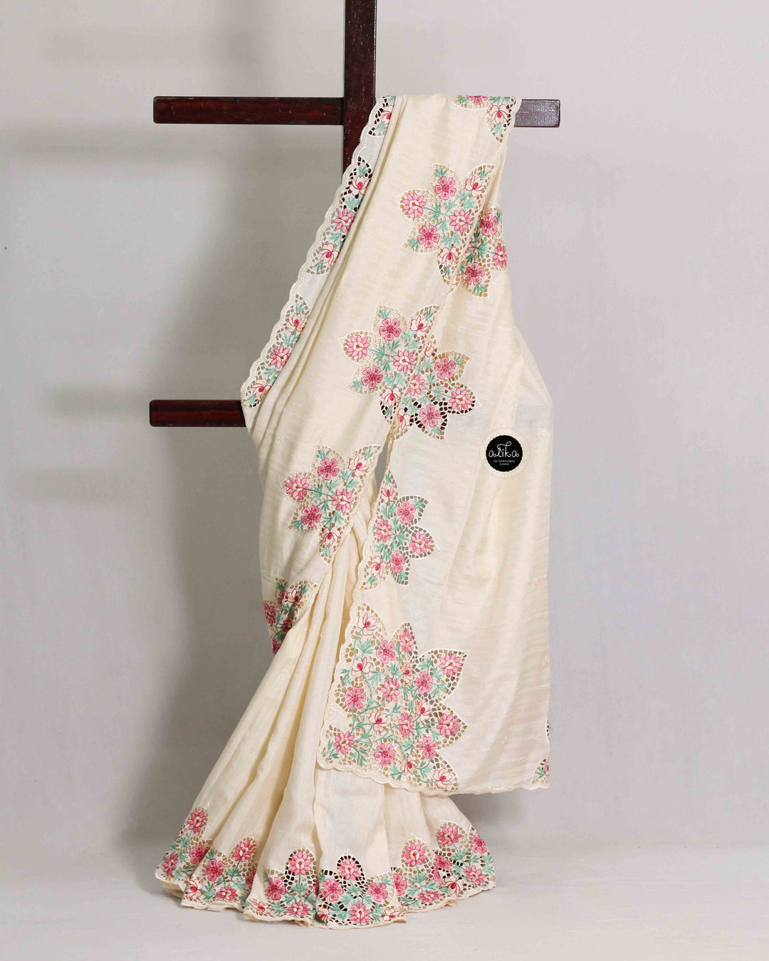 Light Beige Semi Silk Saree with Floral Cutwork Embroidery