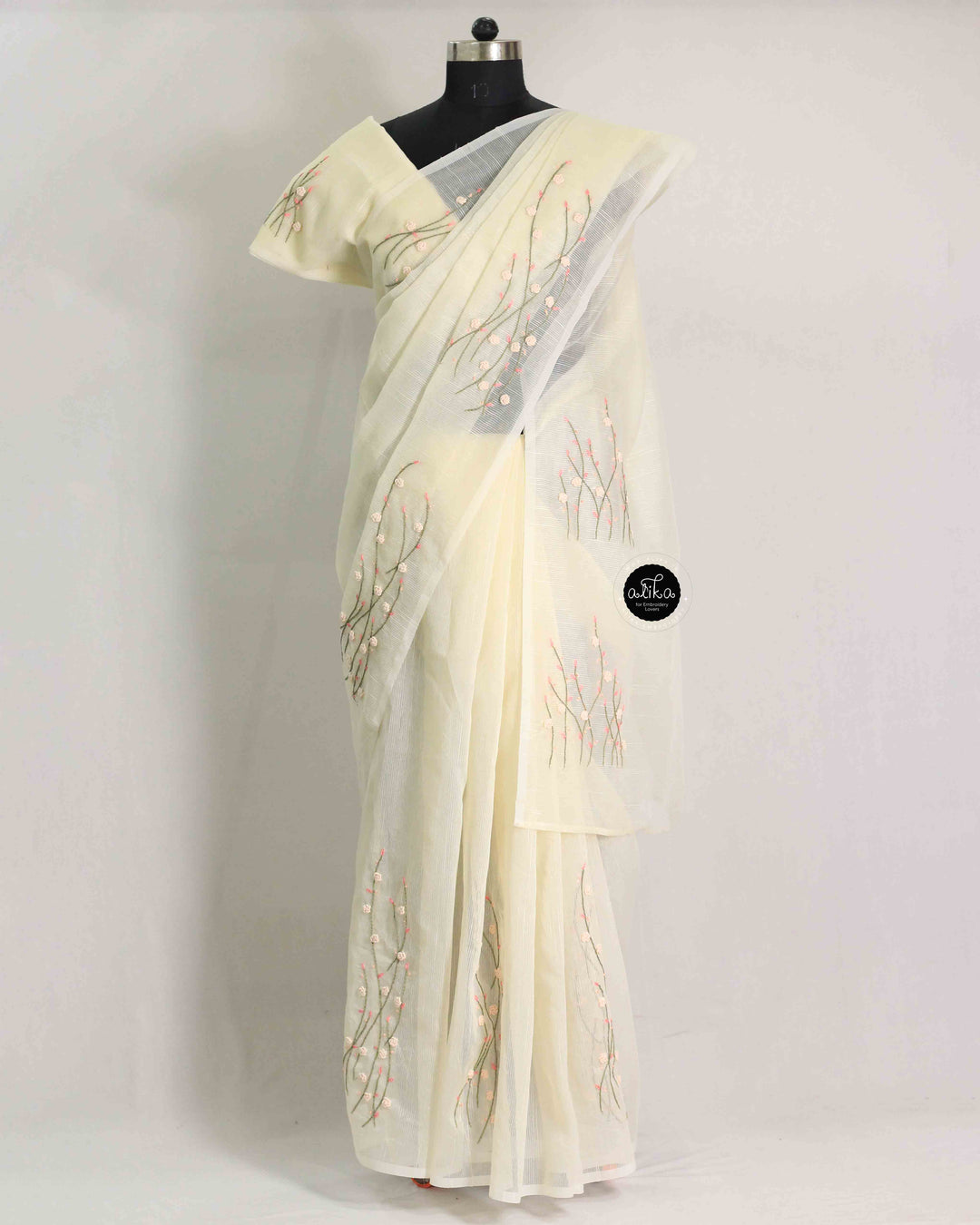 Cream Kota Saree with Floral Hand Embroidery