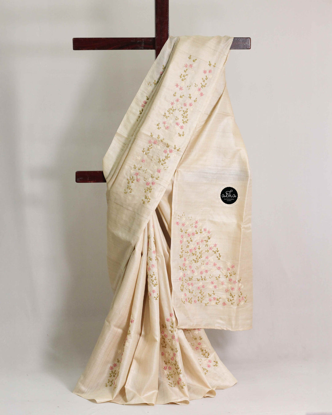 Beige Pure Tussar Silk Saree with Floral Hand Embroidery