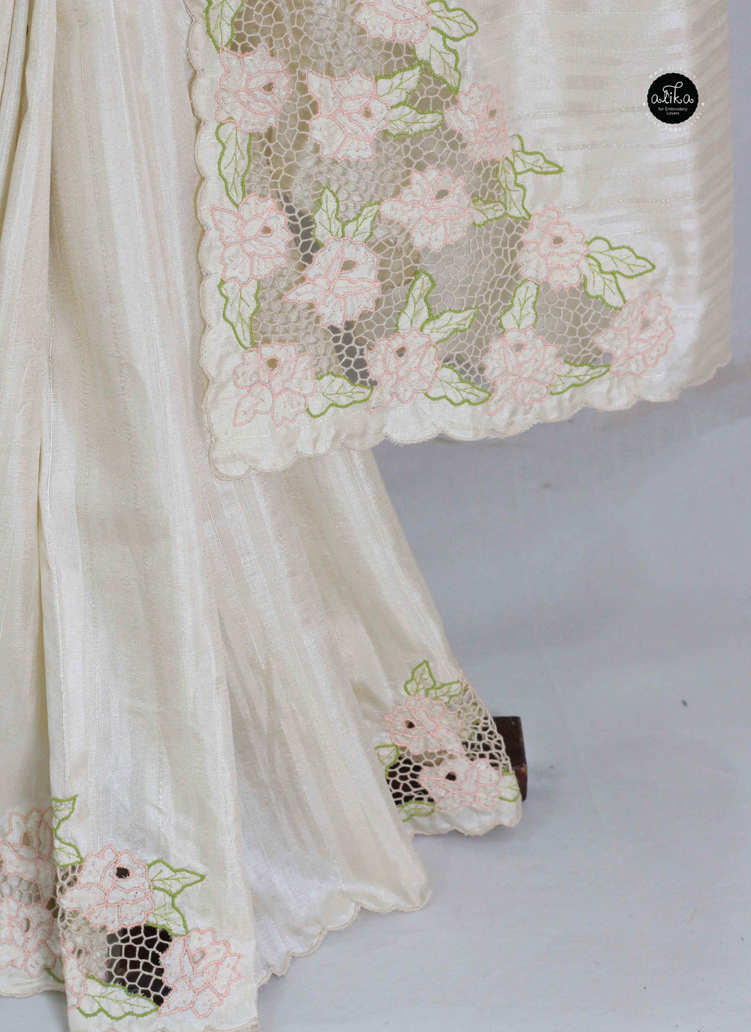 Cream Designer Silk Saree with Floral Twine Cutwork
