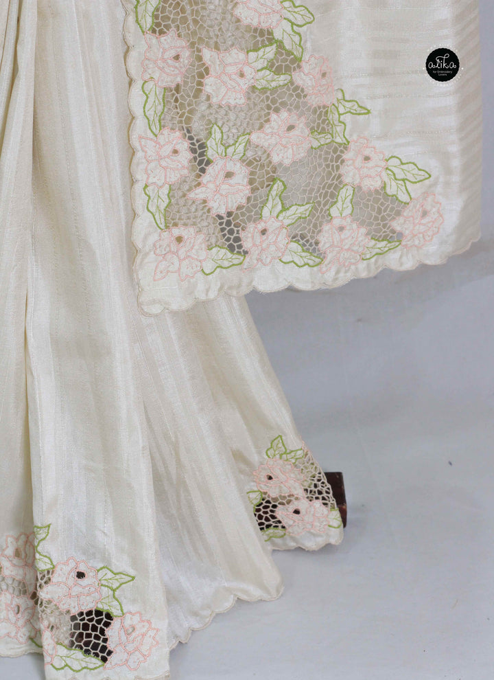 Cream Designer Silk Saree with Floral Twine Cutwork