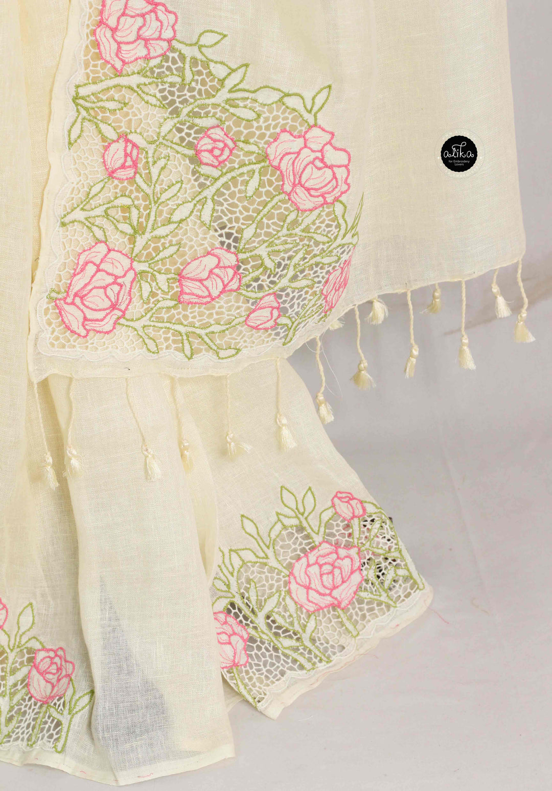 Off White Pure Linen Saree with Floral Twine Cutwork