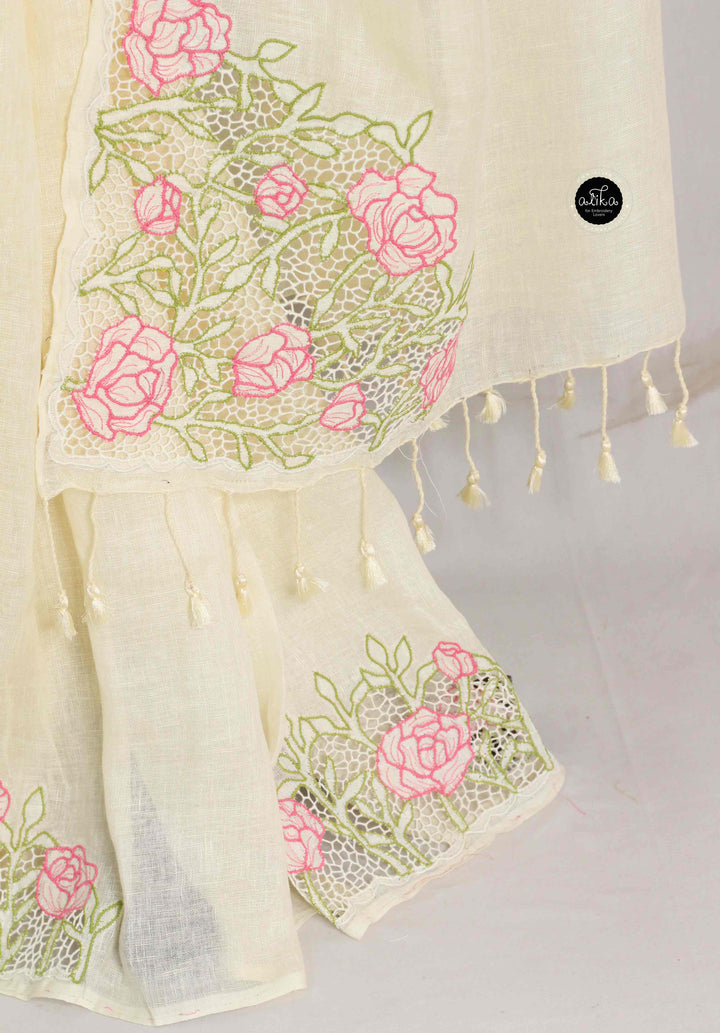 Off White Pure Linen Saree with Floral Twine Cutwork