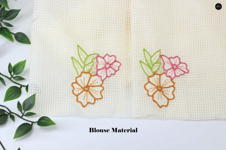 Cream Bhagalpuri Silk Saree with Floral Multicolour Twine Cutwork