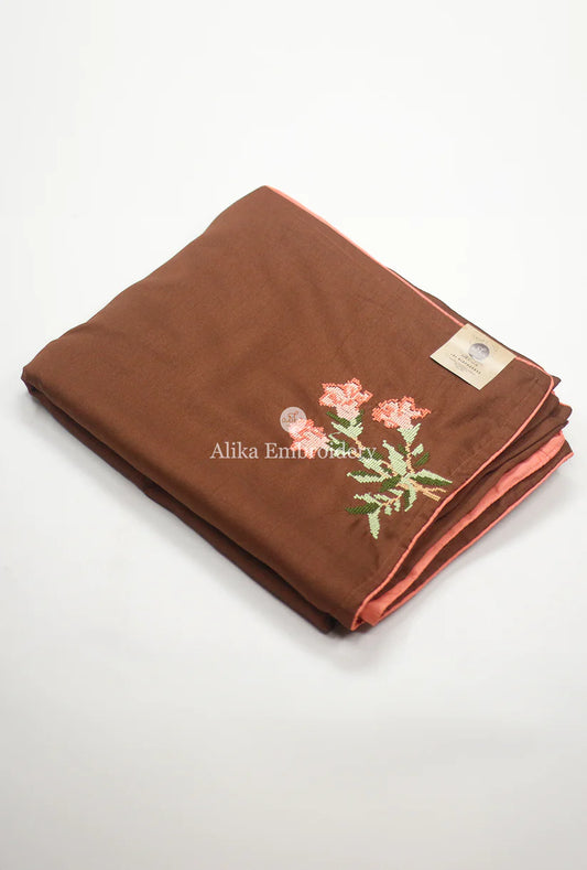 Brown semi silk saree with peach cross  stitch