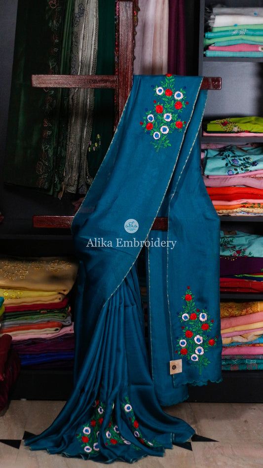 Charming Turquoise Blue  crispy georgette Saree with Delicate Ribbon Work