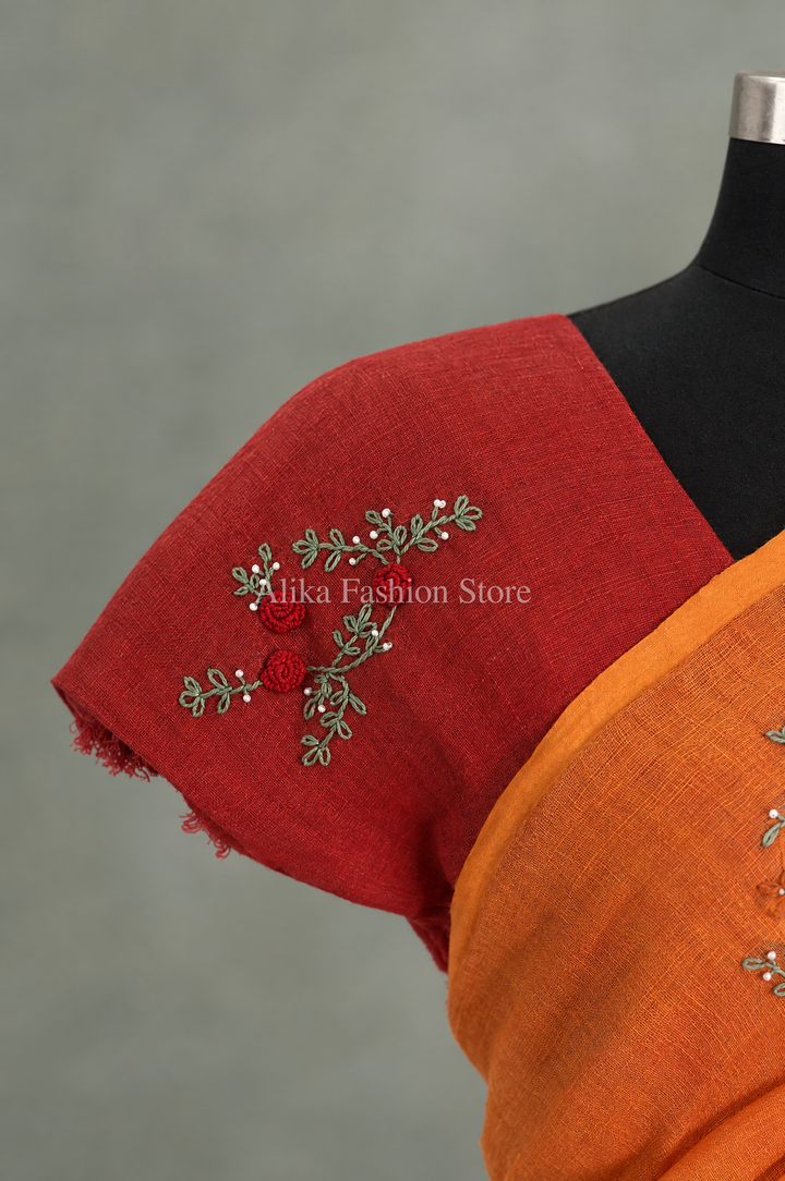 Red &amp; Saffron Orange Pure Linen Saree with Floral Hand Embroidery &amp; Bead Work