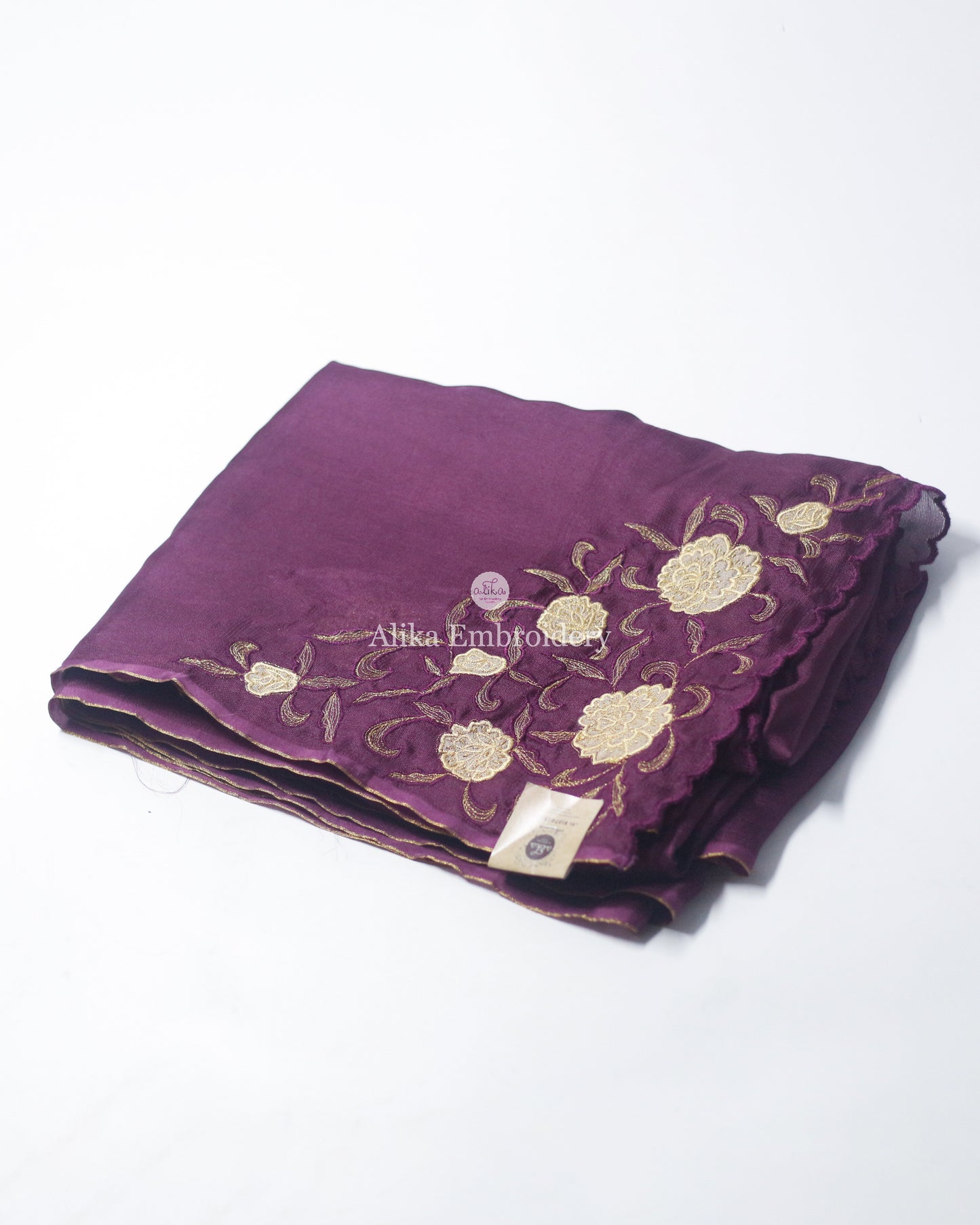 Charming Purple Shaded Crispy Georgette Saree with Beige Floral Appliqué Work