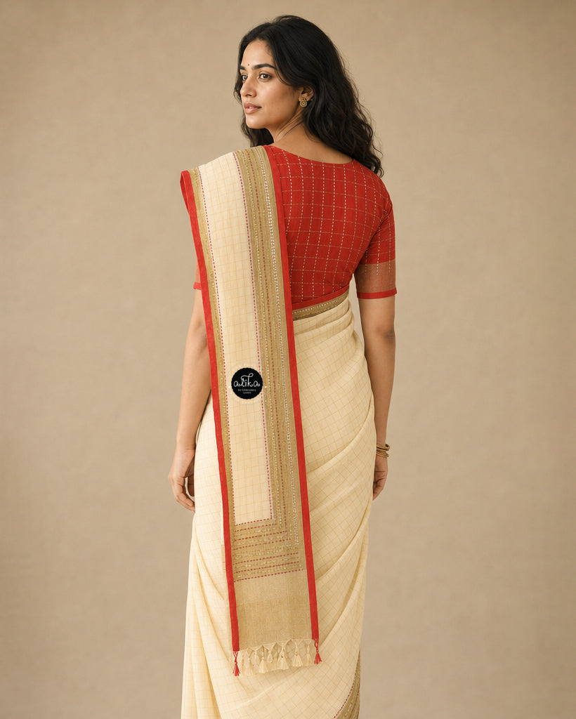 Cream Pure Linen Saree with Bead &amp; Sequin Work