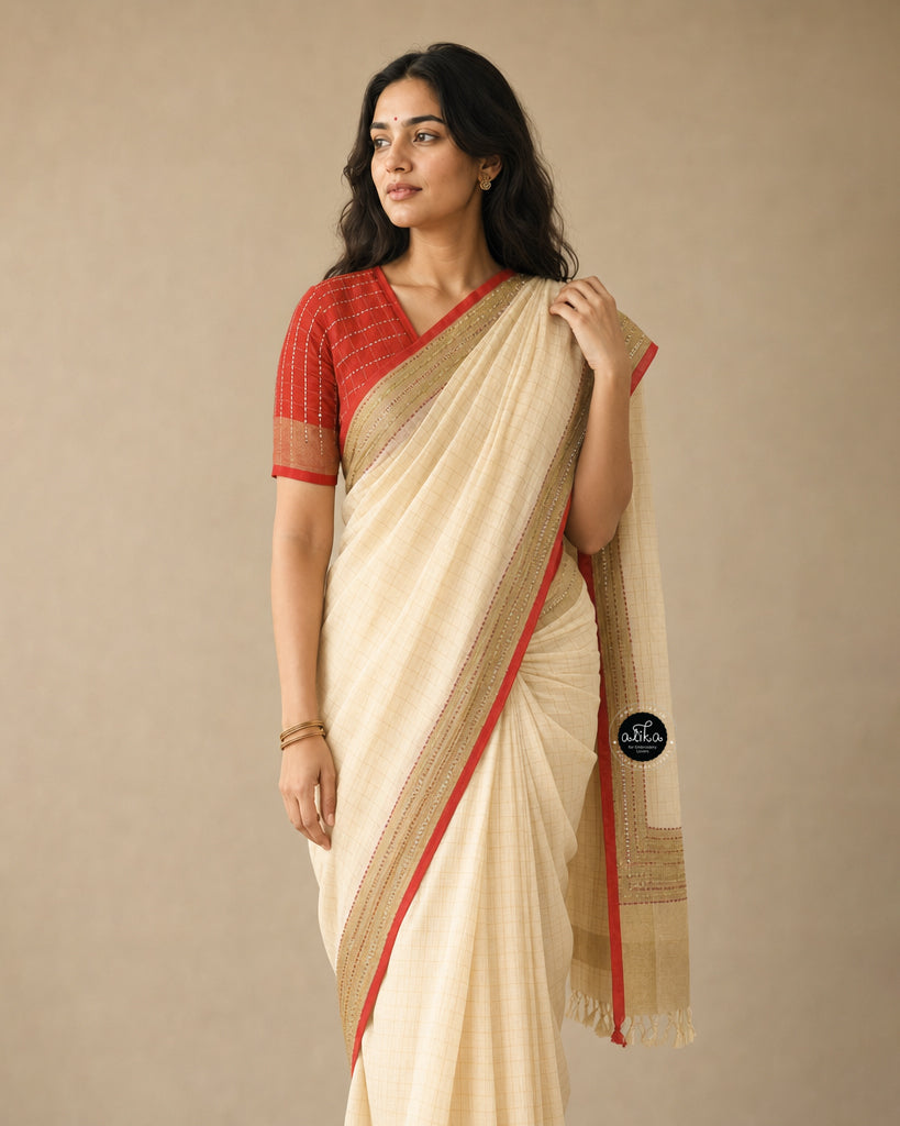 Cream Pure Linen Saree with Bead &amp; Sequin Work