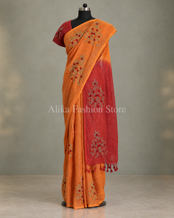 Red &amp; Saffron Orange Pure Linen Saree with Floral Hand Embroidery &amp; Bead Work
