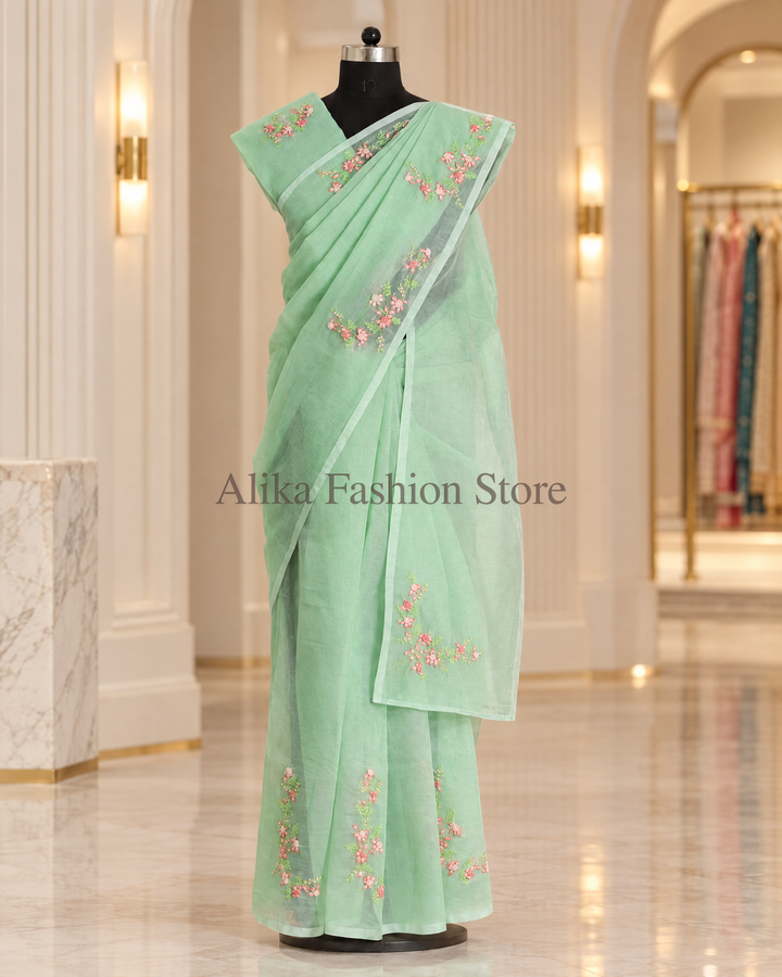 Pistachio Green Kota Saree with Floral Hand Embroidery