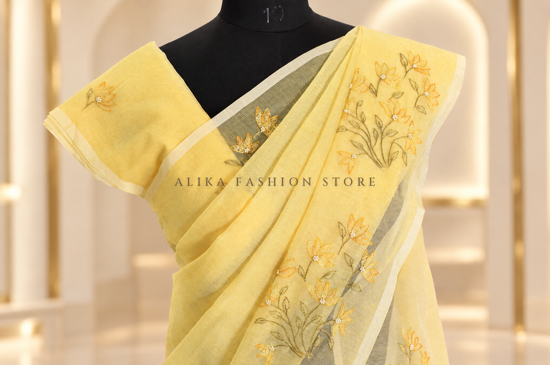 Butter Yellow Kota Saree with Floral Shadow Work &amp; Bead Embellishments