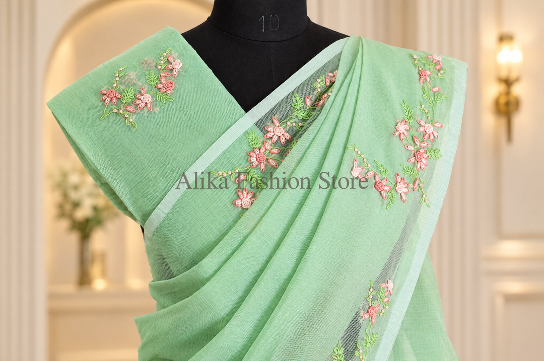 Pistachio Green Kota Saree with Floral Hand Embroidery