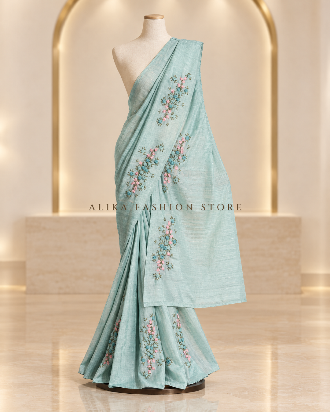 Pastel Blue Designer Silk Saree with Floral Hand Embroidery