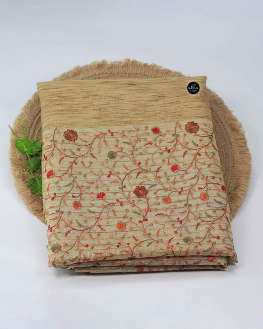 Golden Semi Tissue Saree with Floral Machine Embroidery