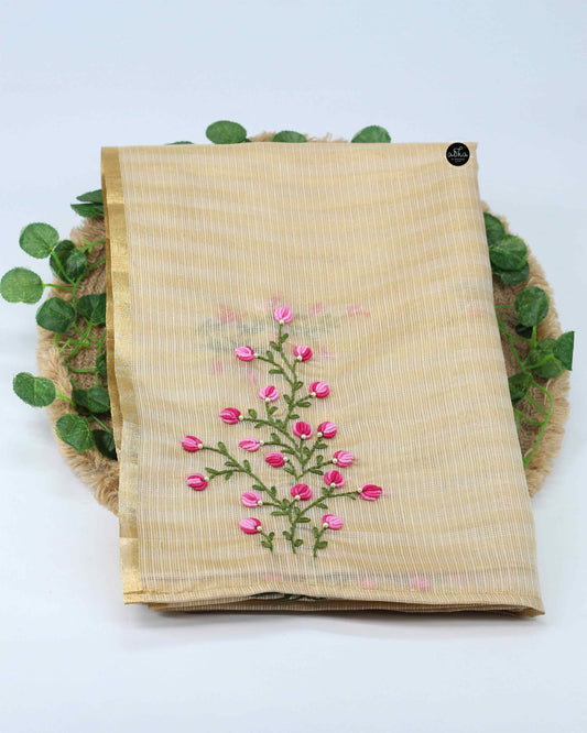 Cream Semi Tissue Saree with Floral Hand Embroidery & Bead Work