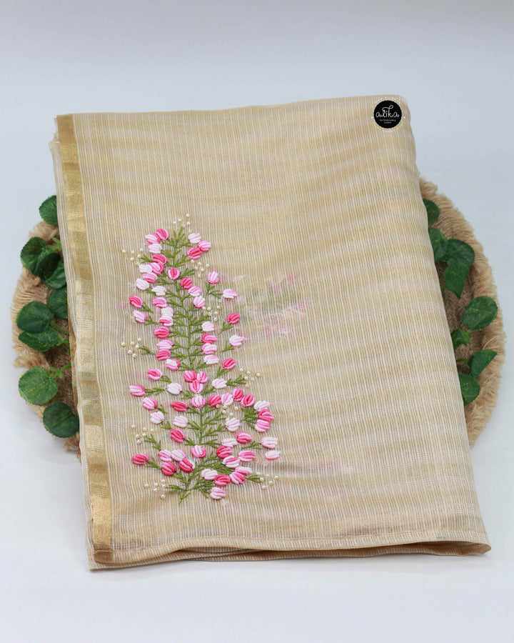 Gold Semi Tissue Saree with Floral Hand Embroidery