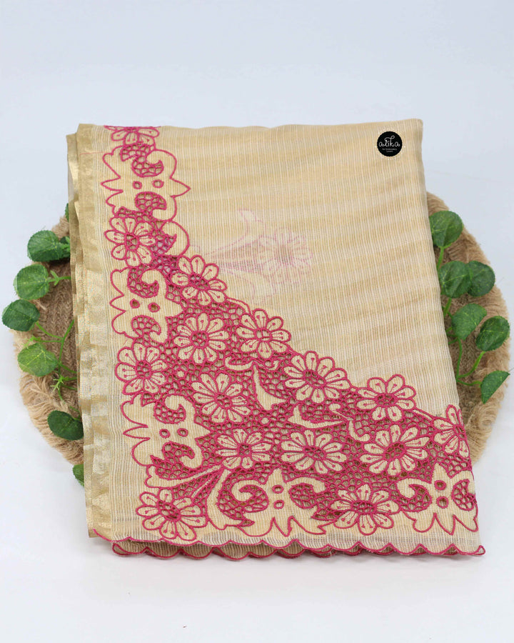Gold Semi Tissue Saree with Floral Cut Work